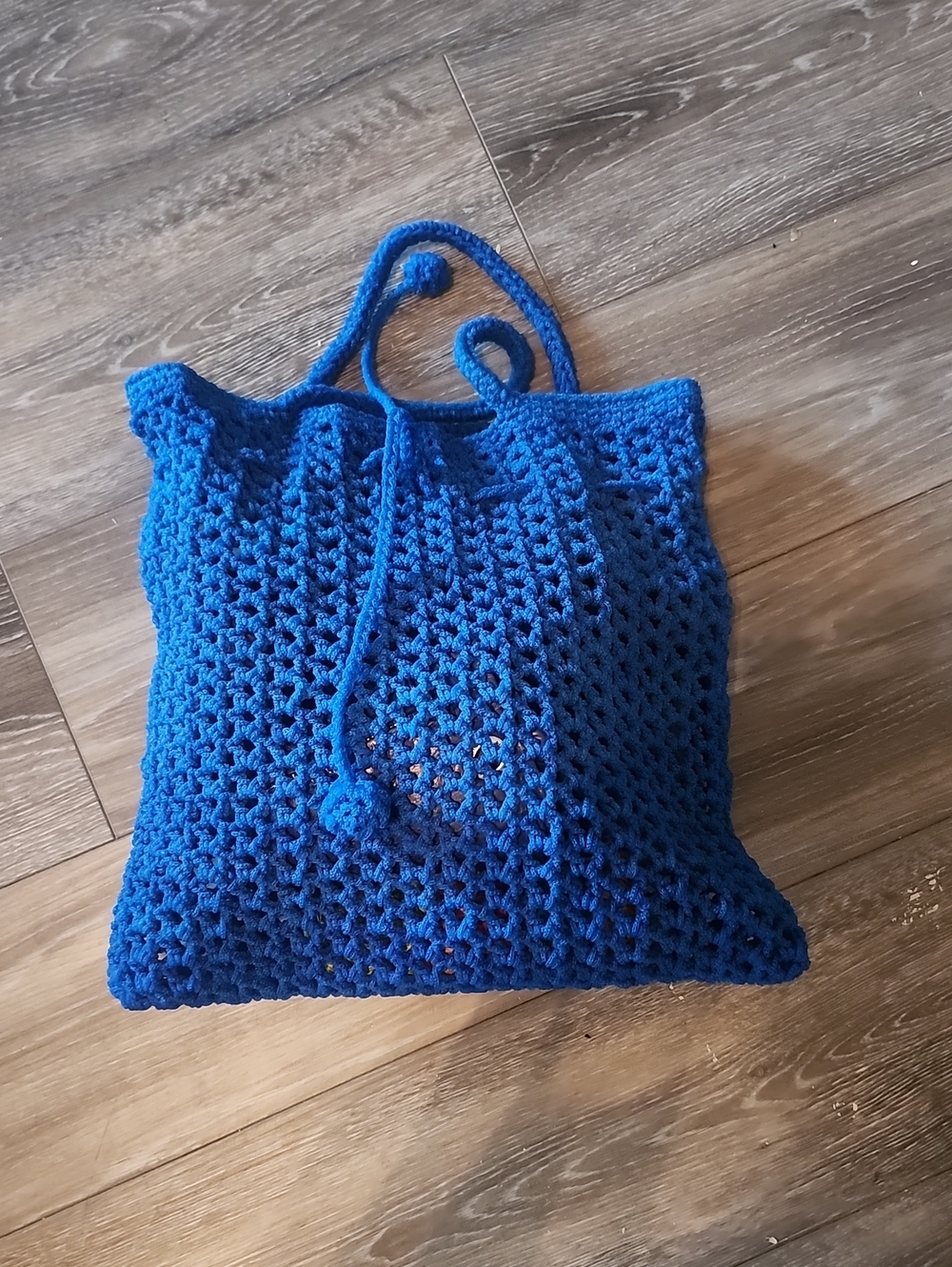 Handmade Blue Crochet Tote Bag with Drawstring